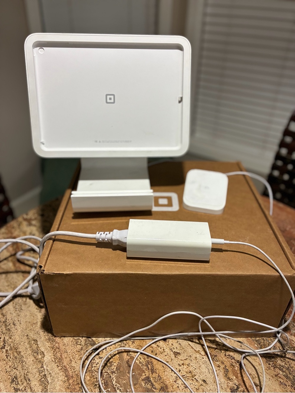 Square POS Tablet Stand with White Power Adapter and Accessories